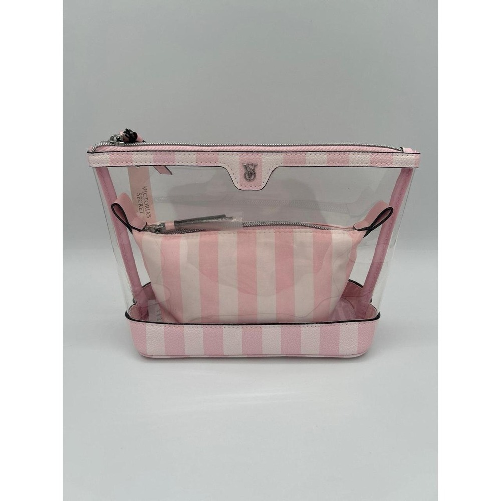Victoria's Secret Clear & Pink Iconic Stripes 2-Piece Makeup Bag Set NWT